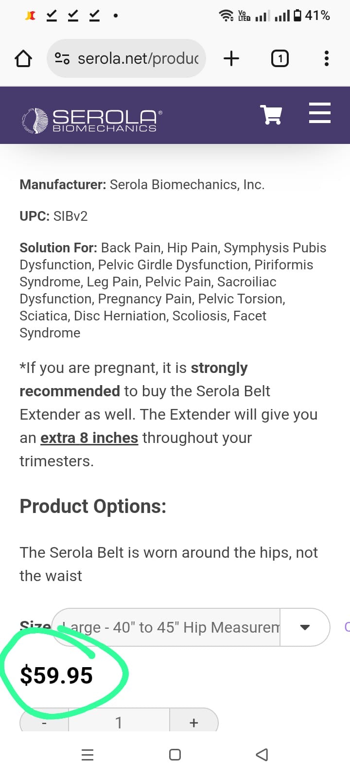 Serola Sacroiliac Belt/ Size: Large