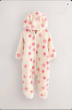 Next Ecru & Pink Floral Baby Borg Hooded Pramsuit / Size  6-9m