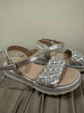 Bubble Kids Silver Woven Flat Sandals with a Buckled Ankle Strap / Size 25