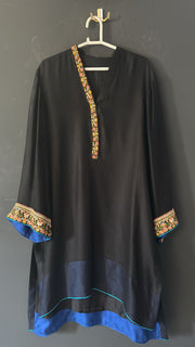 Shamsha Hashwani Black Chiffon Kurta with Handwork Detailing / Free Size / Chest 22 / Length 35