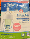 Dr Brown's Bottle Natural Flow / Pack of 2 / Slow Flow Nipples / 2-2oz 60ml