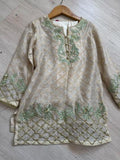Beige Jacquard Shirt with Green Embroidery & White Silk Pants / 2 Piece / Size 4-5yrs