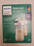 2 × Philips Avent Natural Glass Baby Bottle 240ml / 8 ft oz / Medium Flow / Size  3-6m